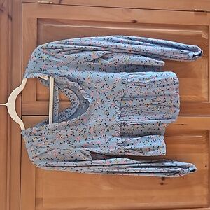 NWT Sim & Sam Floral Long Sleeve Women's Top XS Blue with Pink & Yellow Flower's